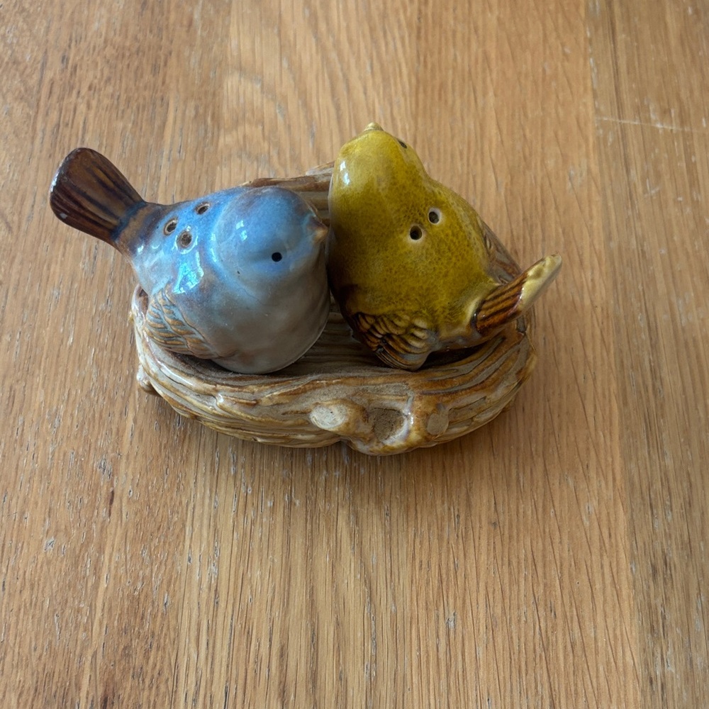 Ceramic Bird Salt Pepper Shakers Blue Yellow Gold Brown Nest Boho Cottagecore